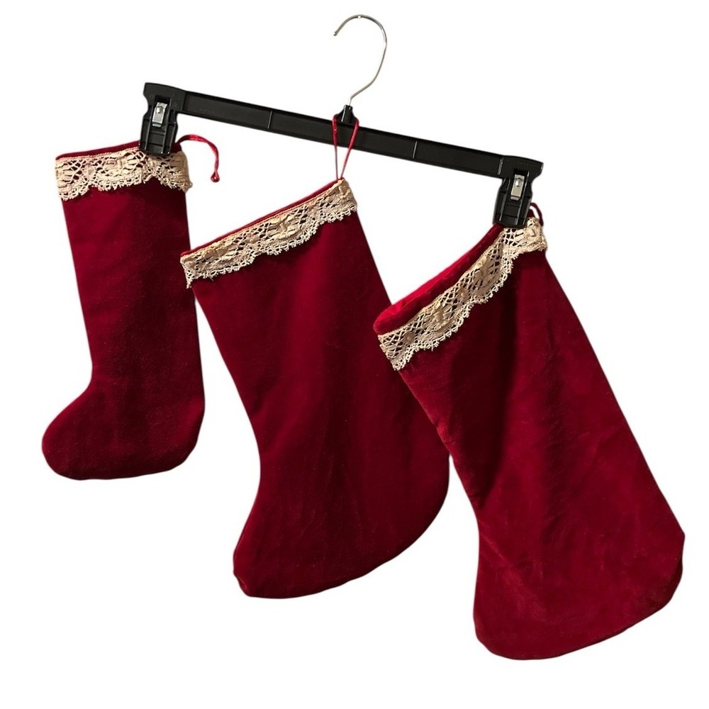 Christmas Stocking 3‎ Set Handmade 80's Red Velvet Lace Vintage Set Of 3 Unique